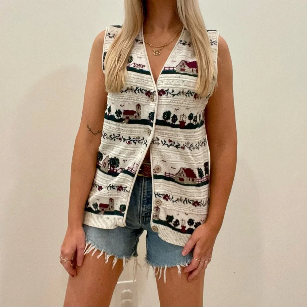 Vintage Speckled Floral Cottage House Tree Print Button Front Sweater Vest Cream - Picture 1 of 6